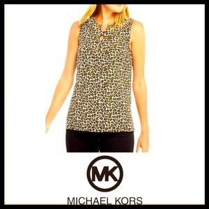 🐆 *Like New* Michael Kors Luxe Leopard Sleeveless Lace-Up Grommet Silky Blouse